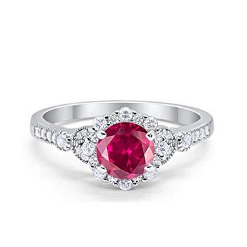 Floral Art Deco Engagement Ring Simulated Ruby CZ 925 Sterling Silver